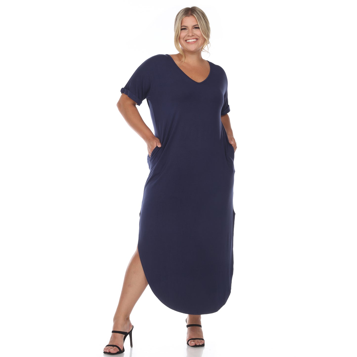 White Mark Women's Short Sleeve V-Neck Rounded Hem Maxi Dress