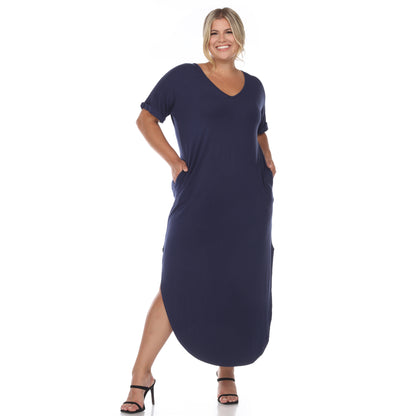 White Mark Women's Short Sleeve V-Neck Rounded Hem Maxi Dress