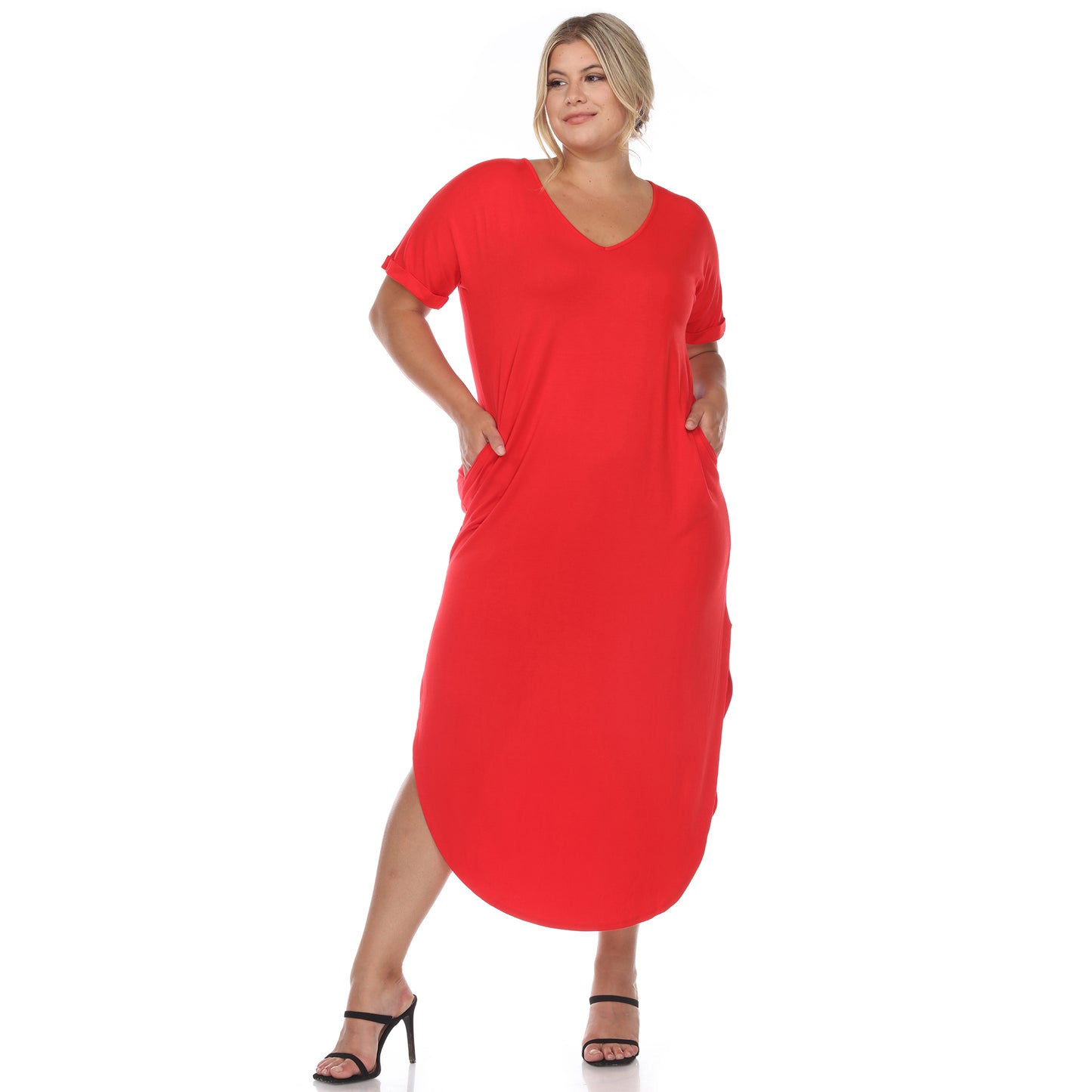 White Mark Women's Short Sleeve V-Neck Rounded Hem Maxi Dress