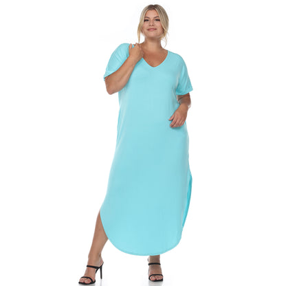 White Mark Women's Short Sleeve V-Neck Rounded Hem Maxi Dress