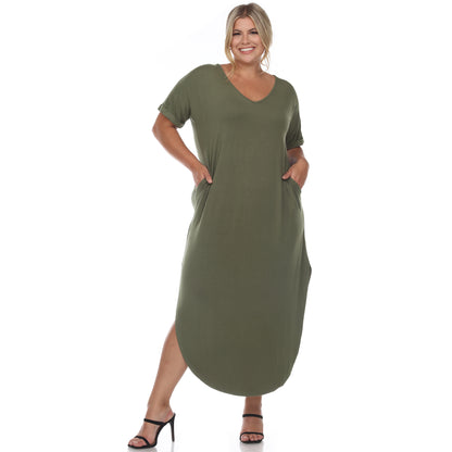 White Mark Women's Short Sleeve V-Neck Rounded Hem Maxi Dress