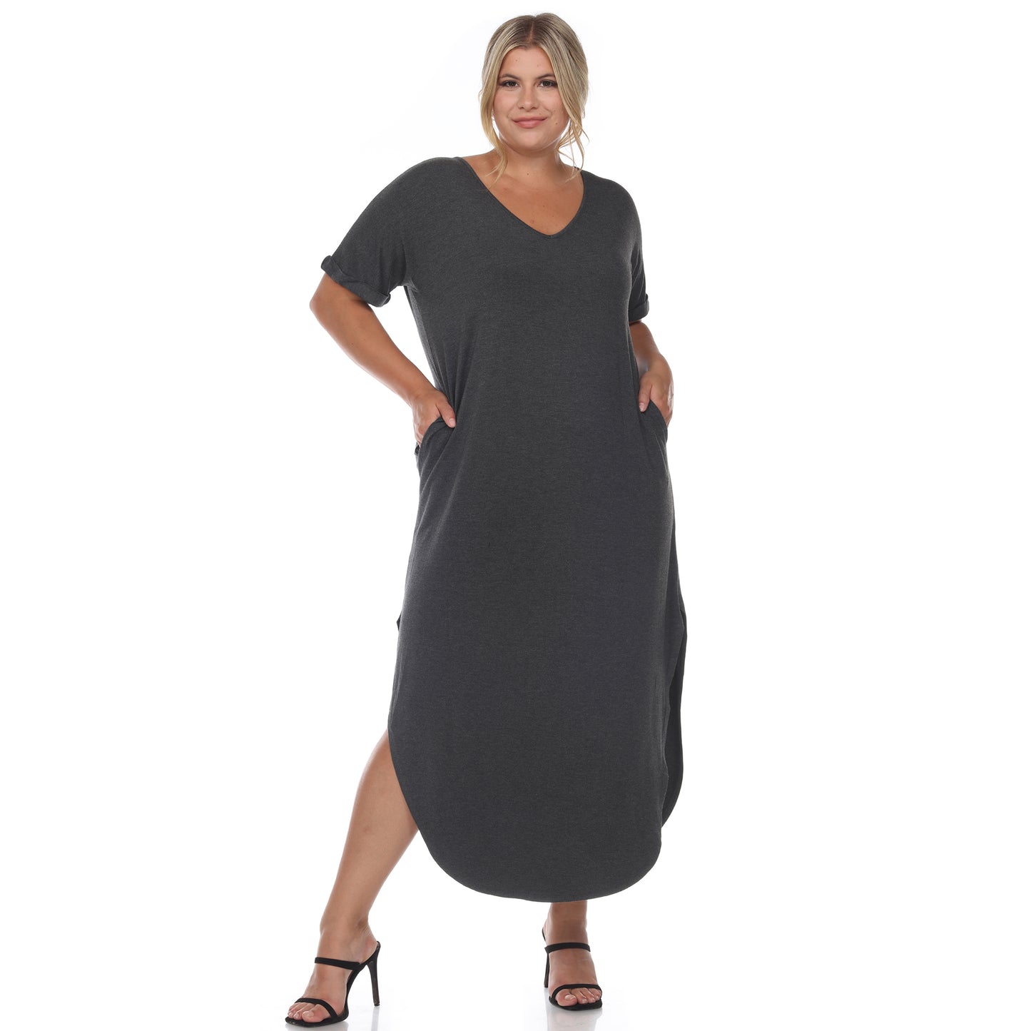 White Mark Women's Short Sleeve V-Neck Rounded Hem Maxi Dress