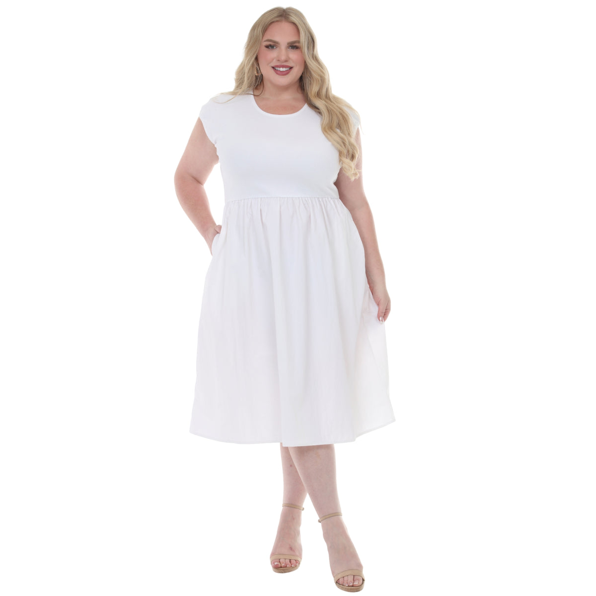 White Mark Women's Ultrasoft Cotton Knit to Woven Midi Dress