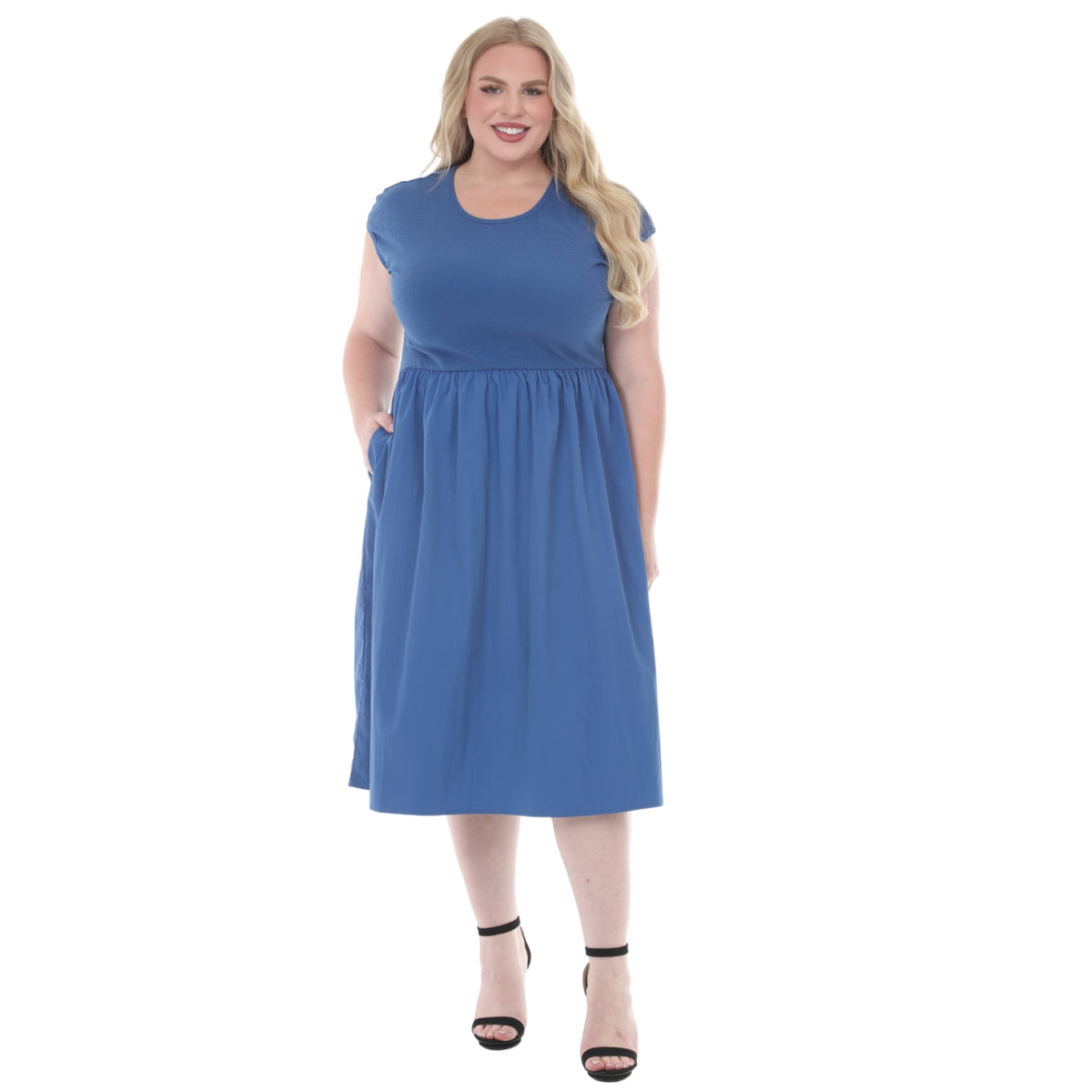 White Mark Women's Ultrasoft Cotton Knit to Woven Midi Dress