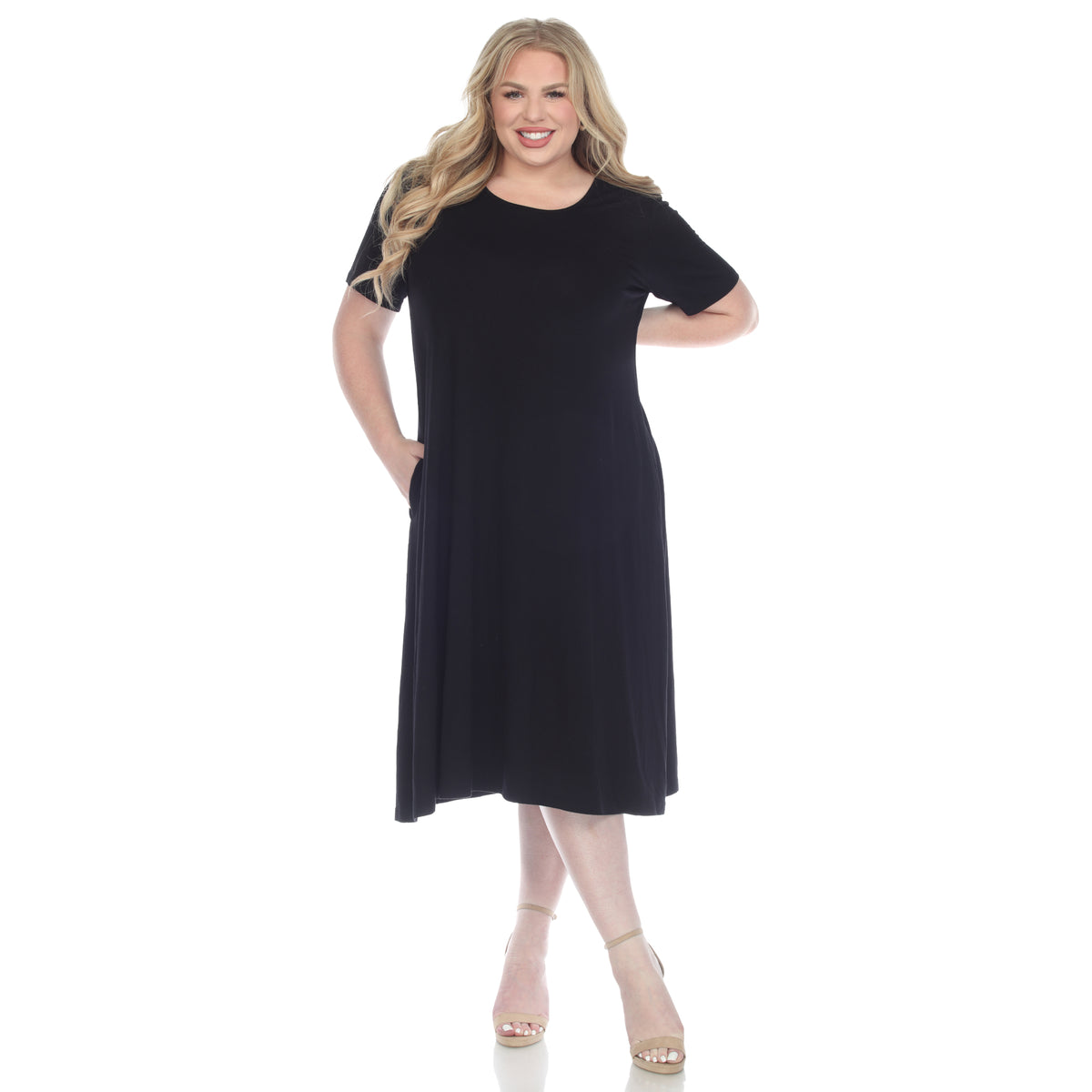 White Mark Women's Short Sleeve Pocket Swing Midi Dress