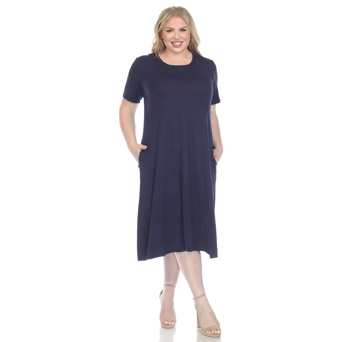 White Mark Women's Short Sleeve Pocket Swing Midi Dress