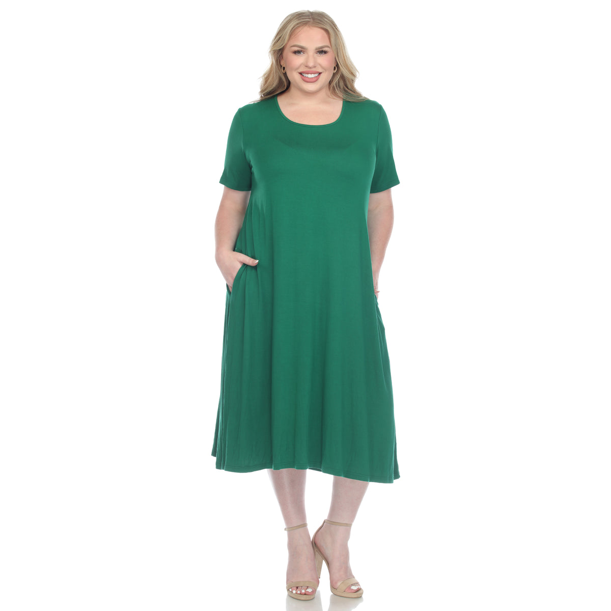White Mark Women's Short Sleeve Pocket Swing Midi Dress