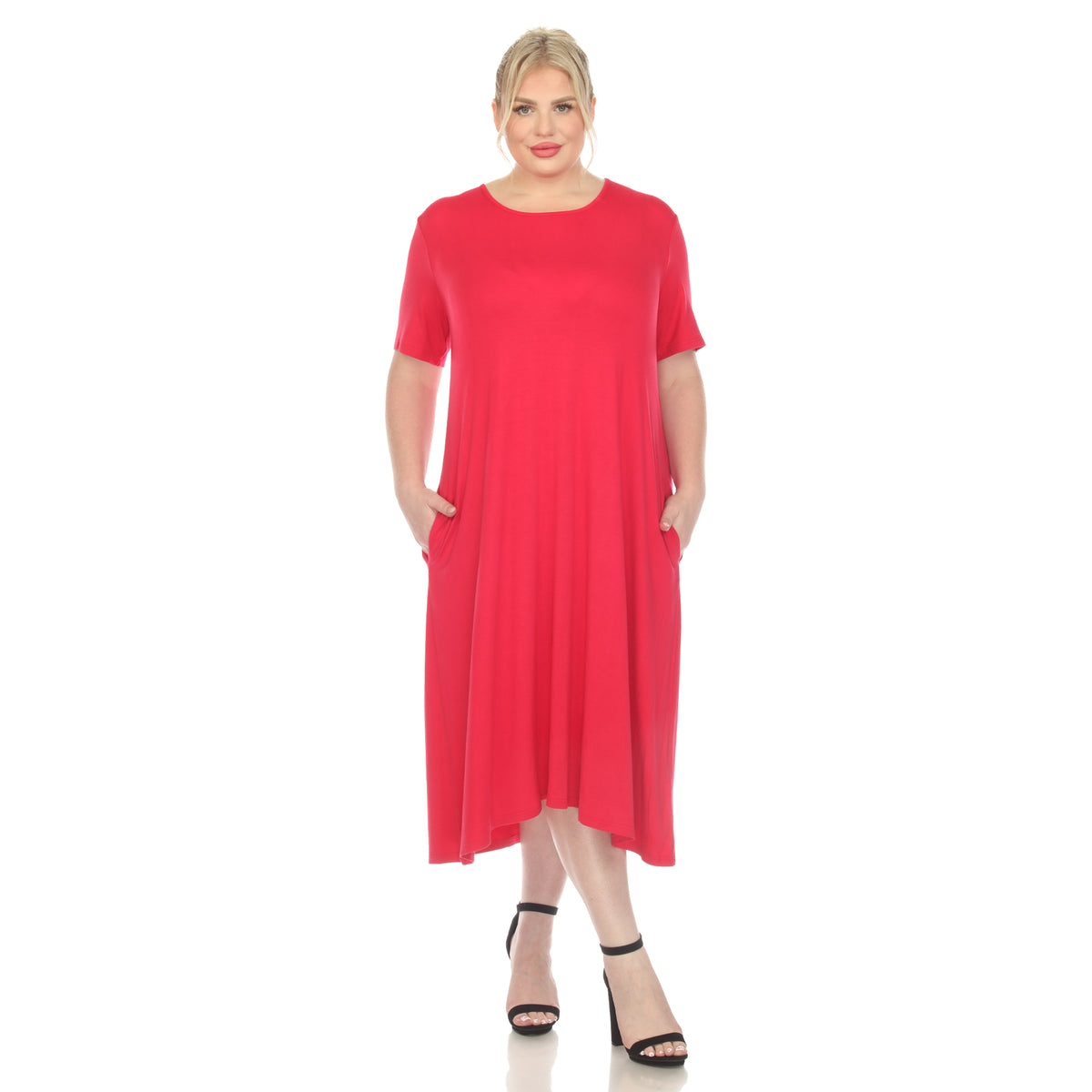 White Mark Women's Short Sleeve Pocket Swing Midi Dress