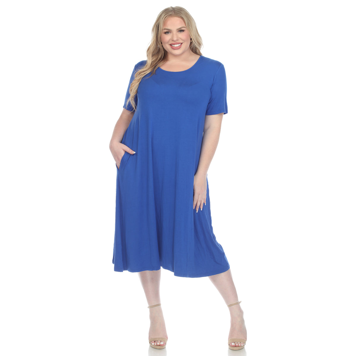 White Mark Women's Short Sleeve Pocket Swing Midi Dress
