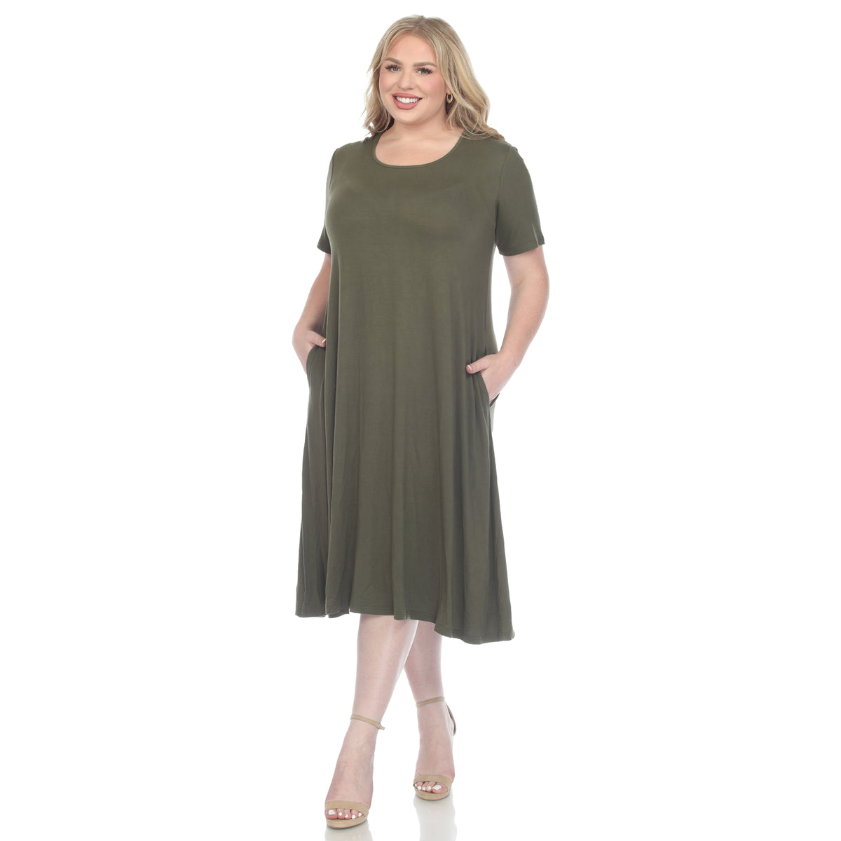 White Mark Women's Short Sleeve Pocket Swing Midi Dress