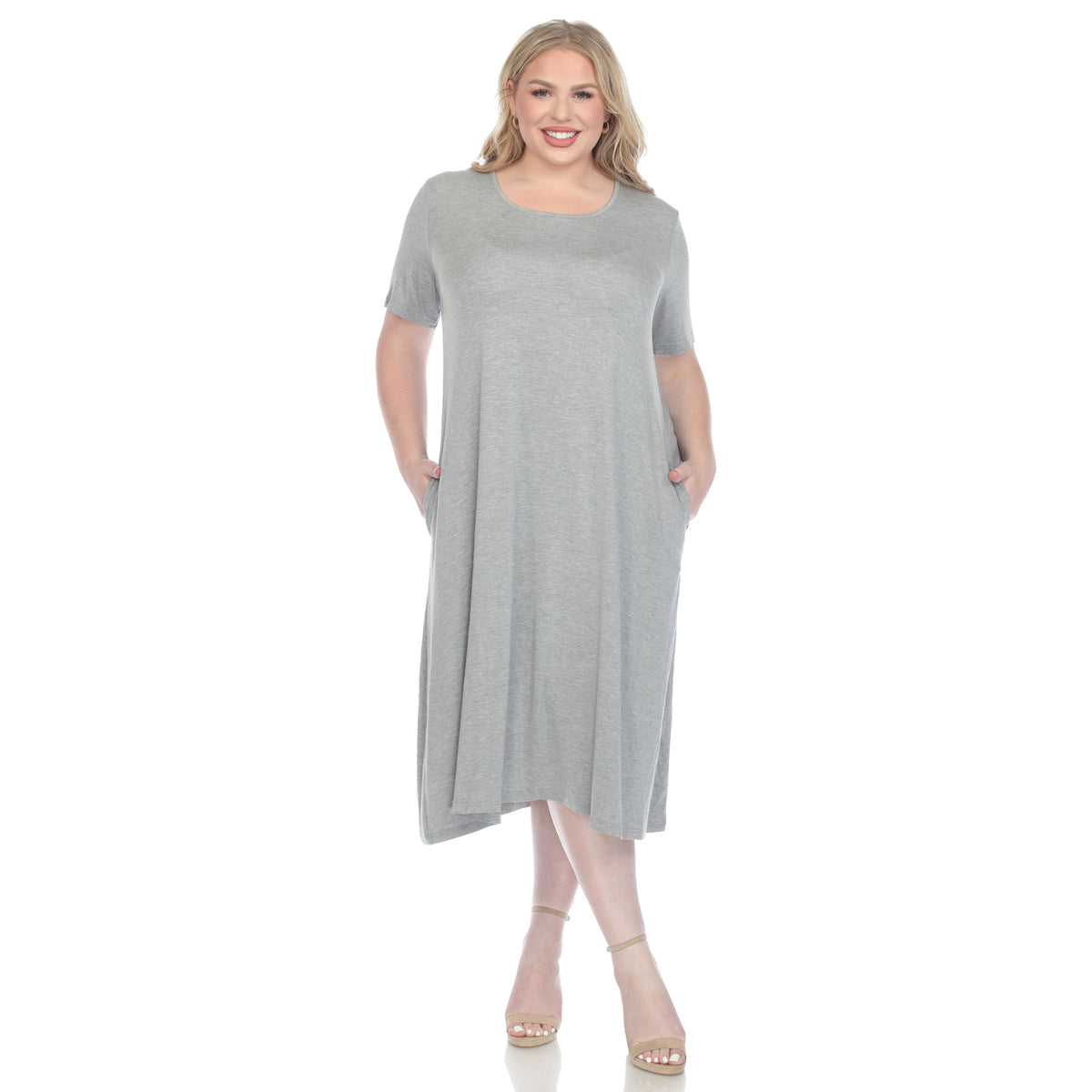 White Mark Women's Short Sleeve Pocket Swing Midi Dress
