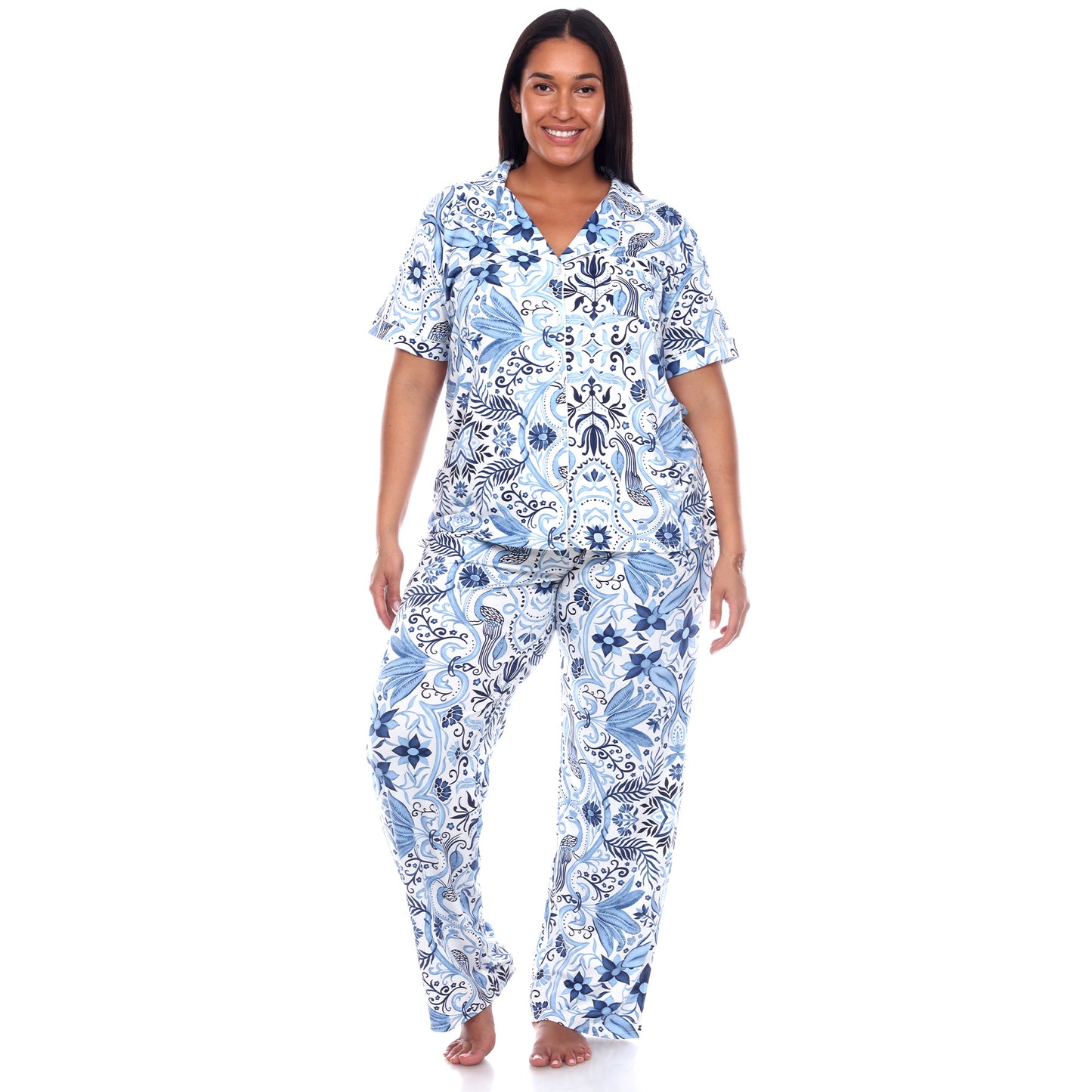 White Mark Women's Short Sleeve & Pants Tropical Pajama Set