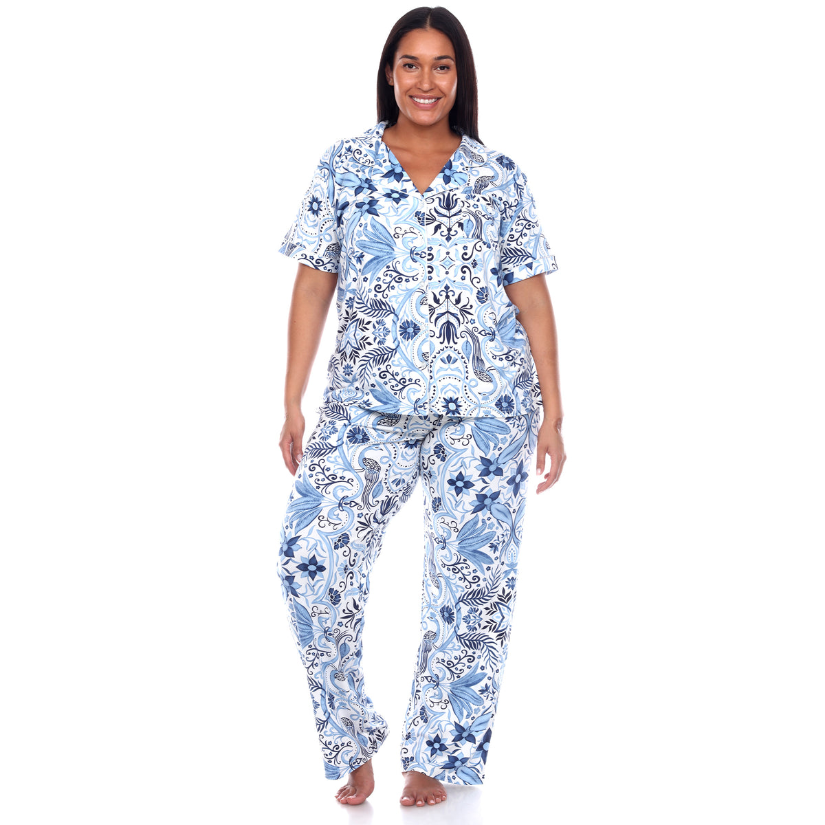 White Mark Women's Short Sleeve & Pants Tropical Pajama Set