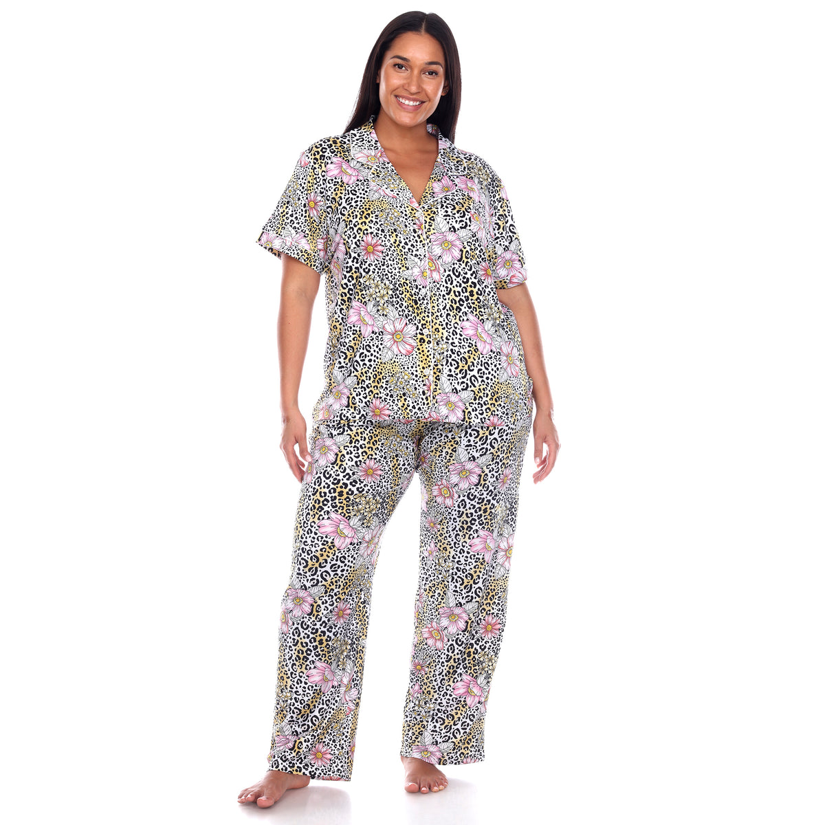 White Mark Women's Short Sleeve & Pants Tropical Pajama Set