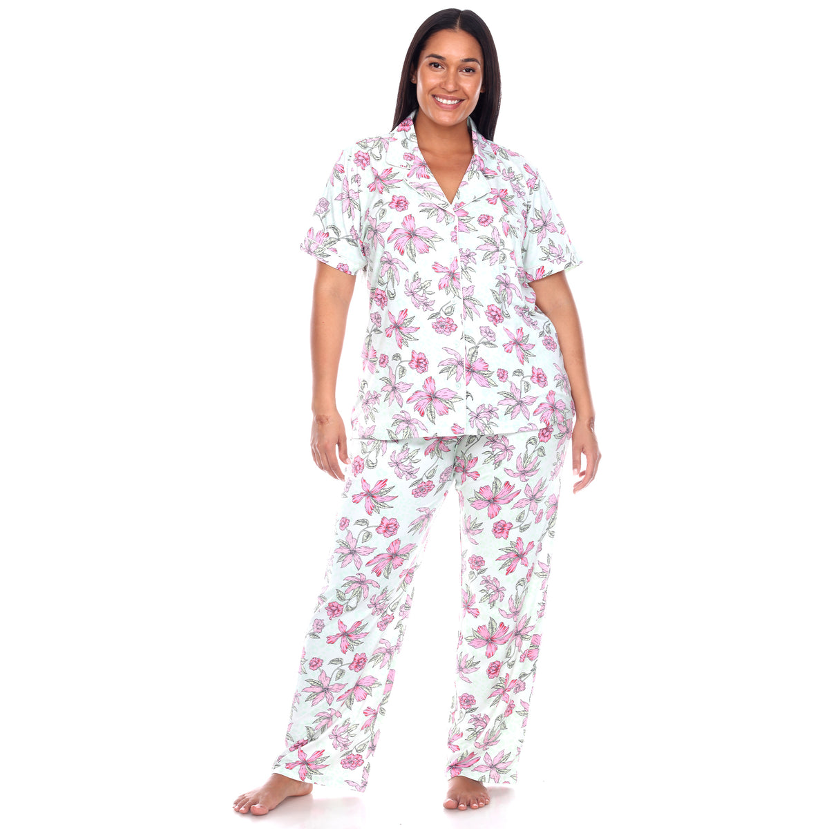 White Mark Women's Short Sleeve & Pants Tropical Pajama Set