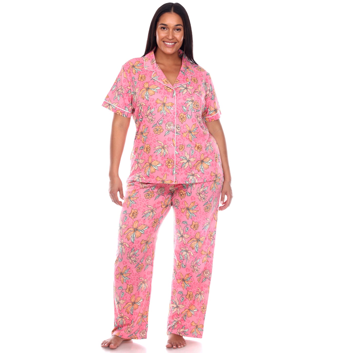White Mark Women's Short Sleeve & Pants Tropical Pajama Set
