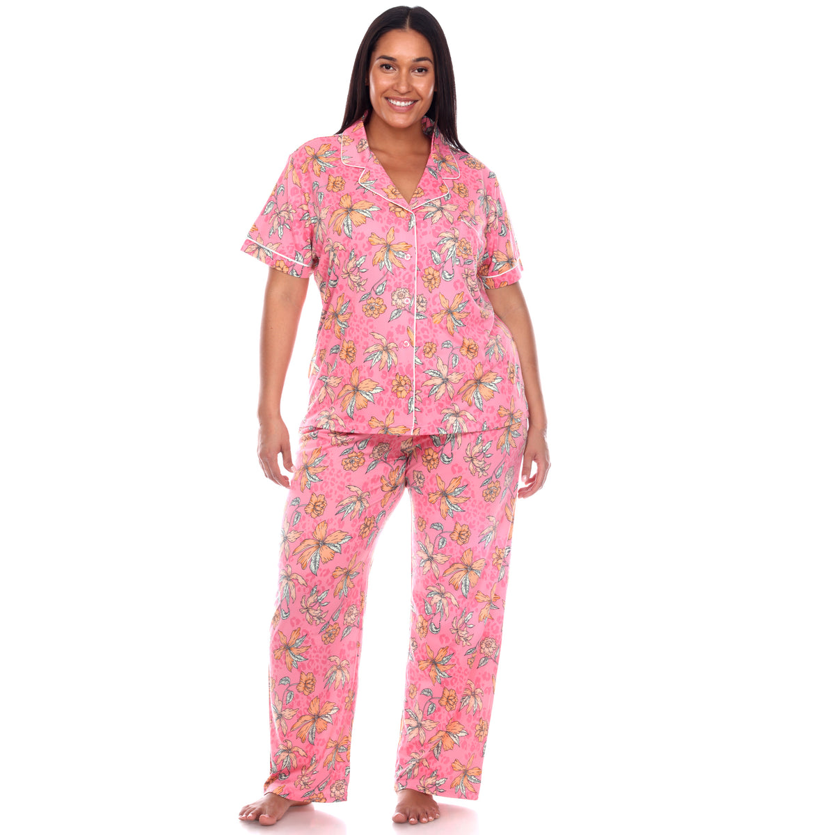 White Mark Women's Short Sleeve & Pants Tropical Pajama Set