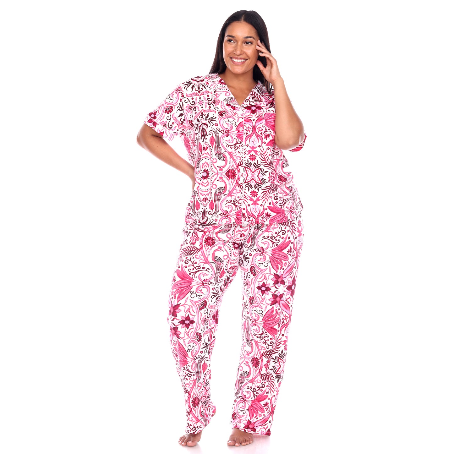 White Mark Women's Short Sleeve & Pants Tropical Pajama Set