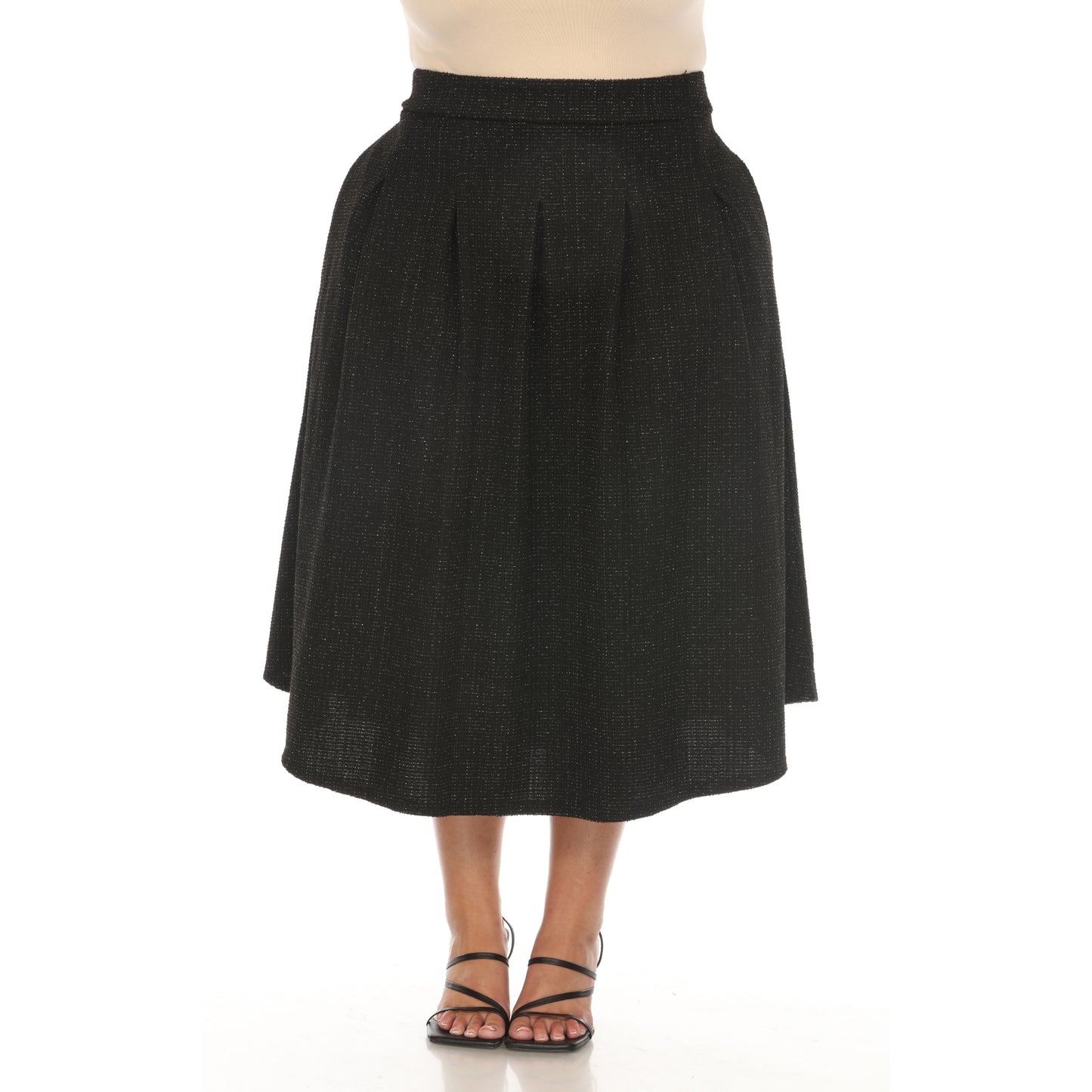 White Mark Women's Flared Tweed Tea-Length Skirt with Pockets