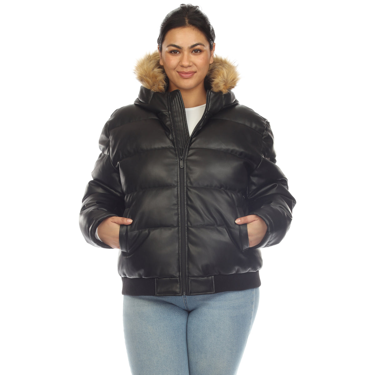 White Mark Women's Removable Fur Hoodie Bomber Faux Leather Jacket