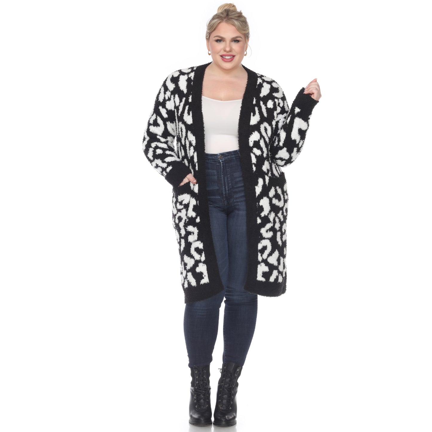 White Mark Women's Leopard Print Open Front Sherpa Coat