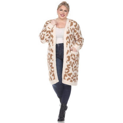 White Mark Women's Leopard Print Open Front Sherpa Coat