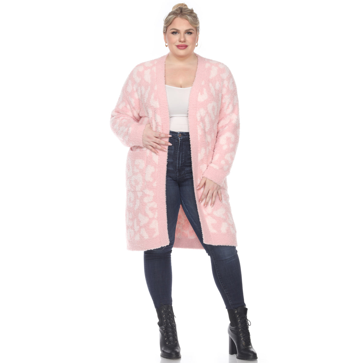 White Mark Women's Leopard Print Open Front Sherpa Coat