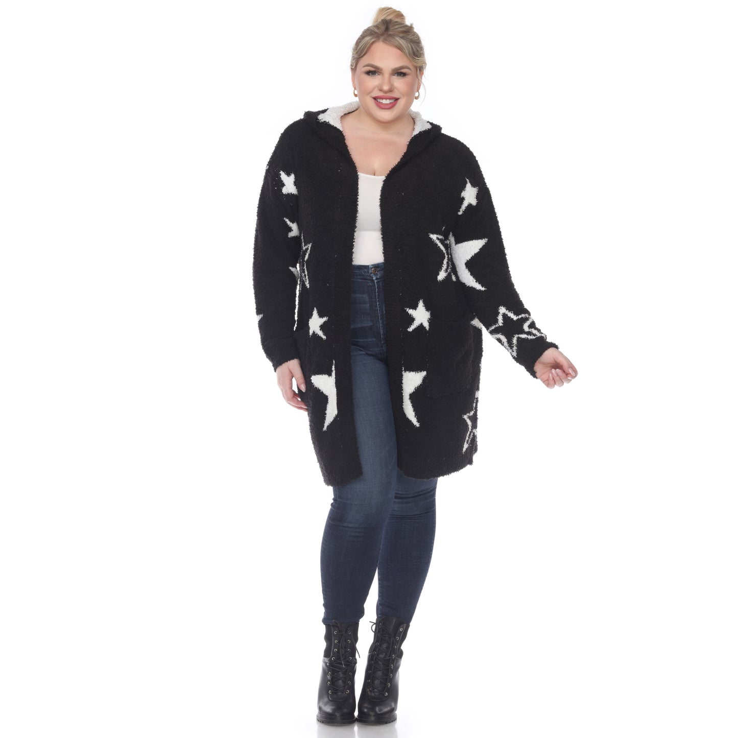 White Mark Women's Stars Hooded Open Front Sherpa Coat