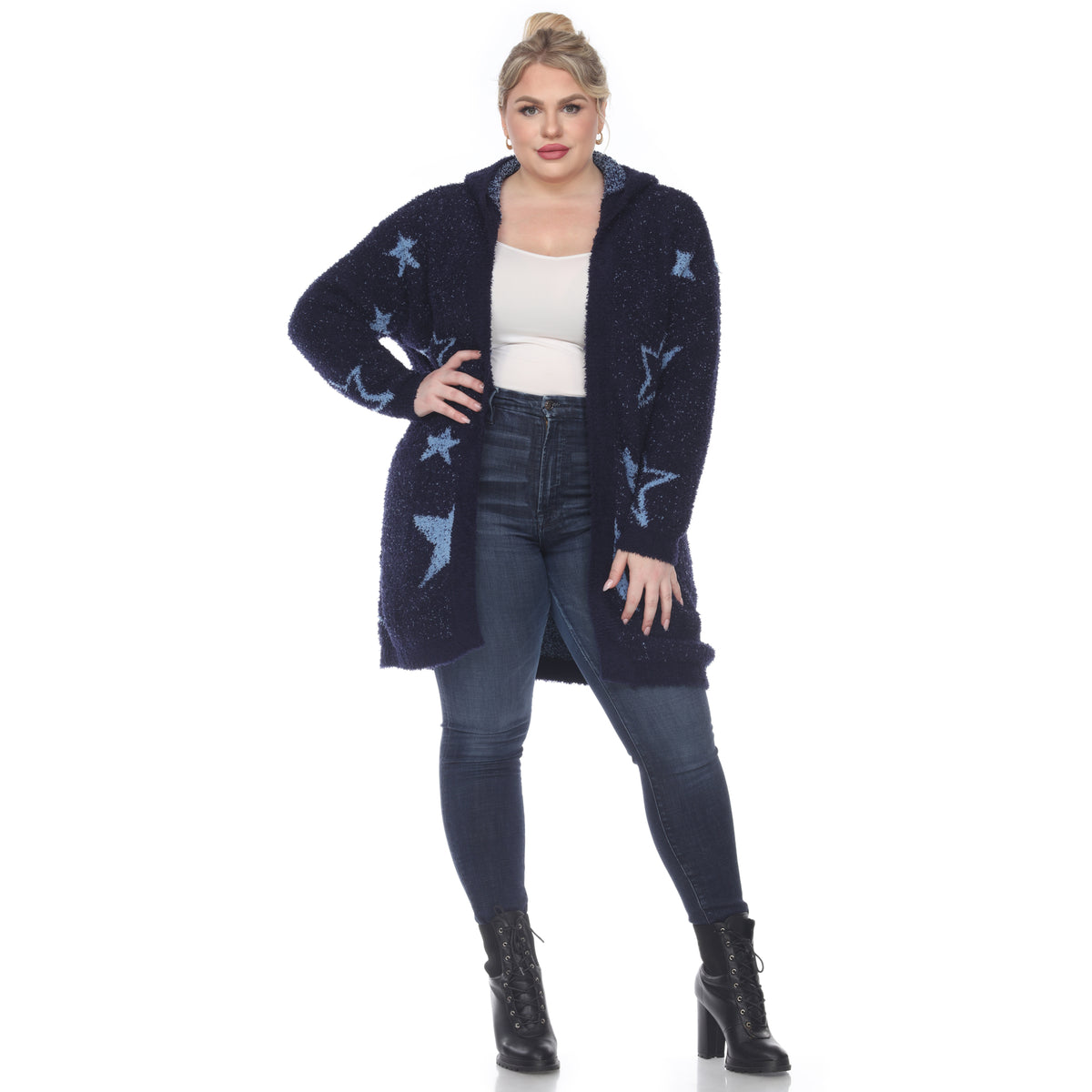 White Mark Women's Stars Hooded Open Front Sherpa Coat