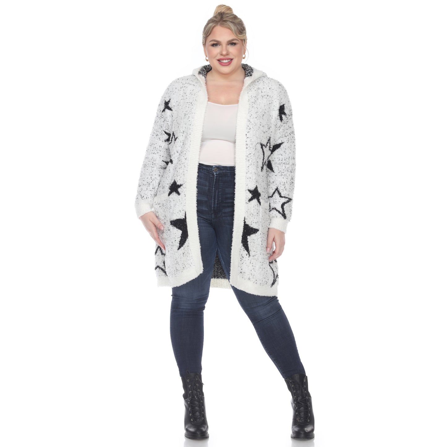 White Mark Women's Stars Hooded Open Front Sherpa Coat