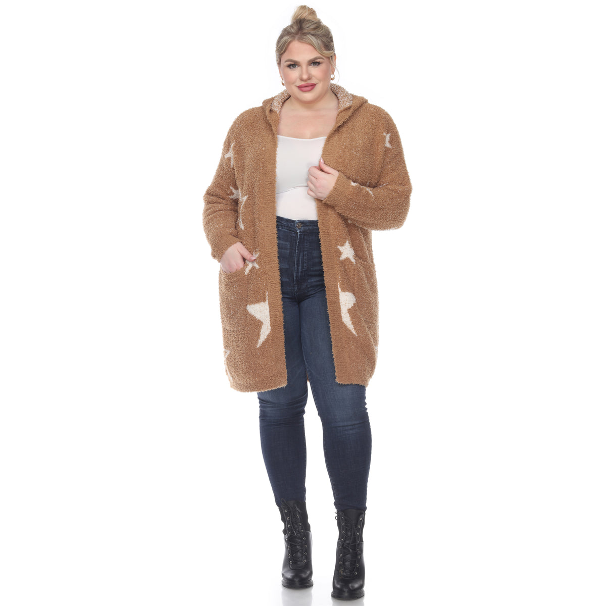 White Mark Women's Stars Hooded Open Front Sherpa Coat