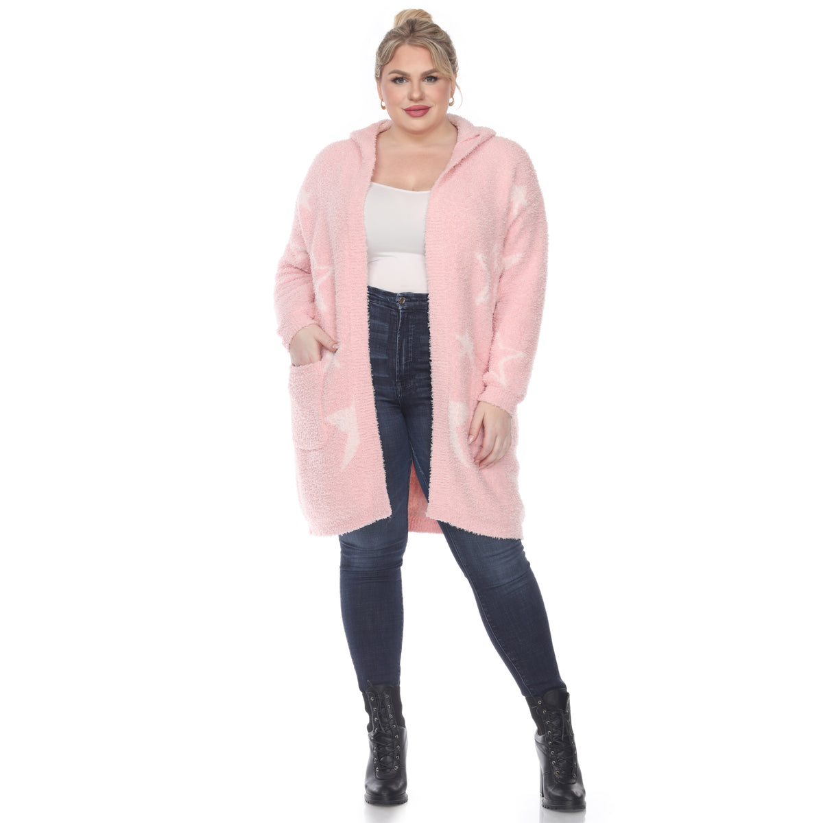 White Mark Women's Stars Hooded Open Front Sherpa Coat