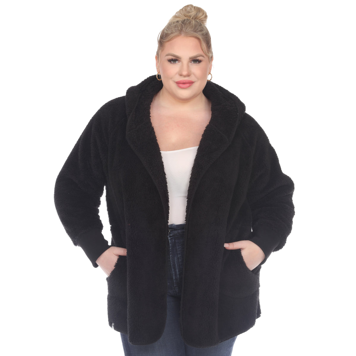White Mark Women's Plush Hooded Cardigan with Pockets