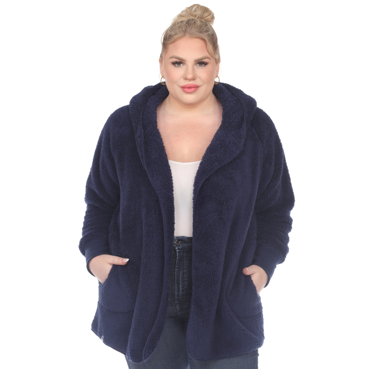 White Mark Women's Plush Hooded Cardigan with Pockets