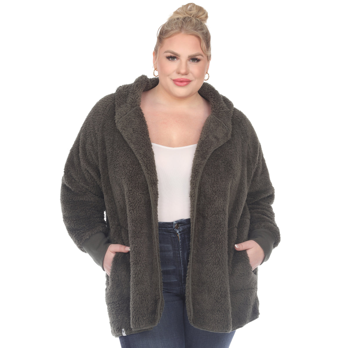 White Mark Women's Plush Hooded Cardigan with Pockets