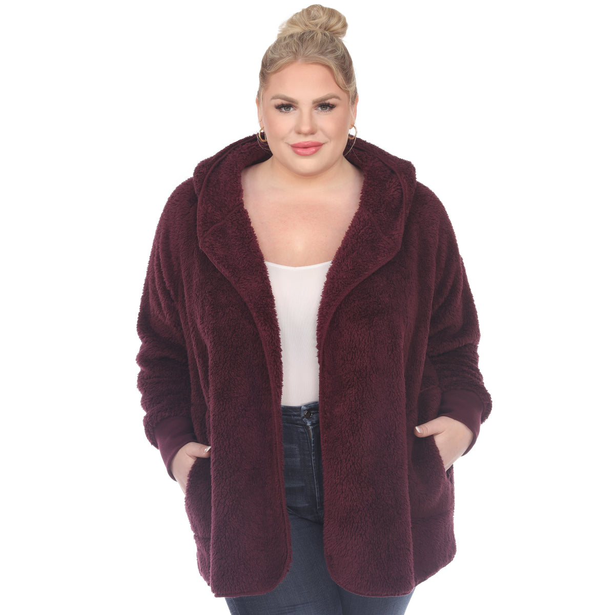 White Mark Women's Plush Hooded Cardigan with Pockets