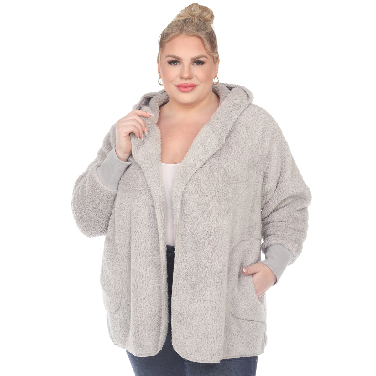 White Mark Women's Plush Hooded Cardigan with Pockets