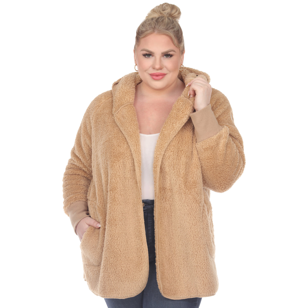 White Mark Women's Plush Hooded Cardigan with Pockets