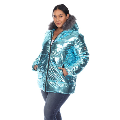 White Mark Women's Metallic Puffer Coat with Hoodie