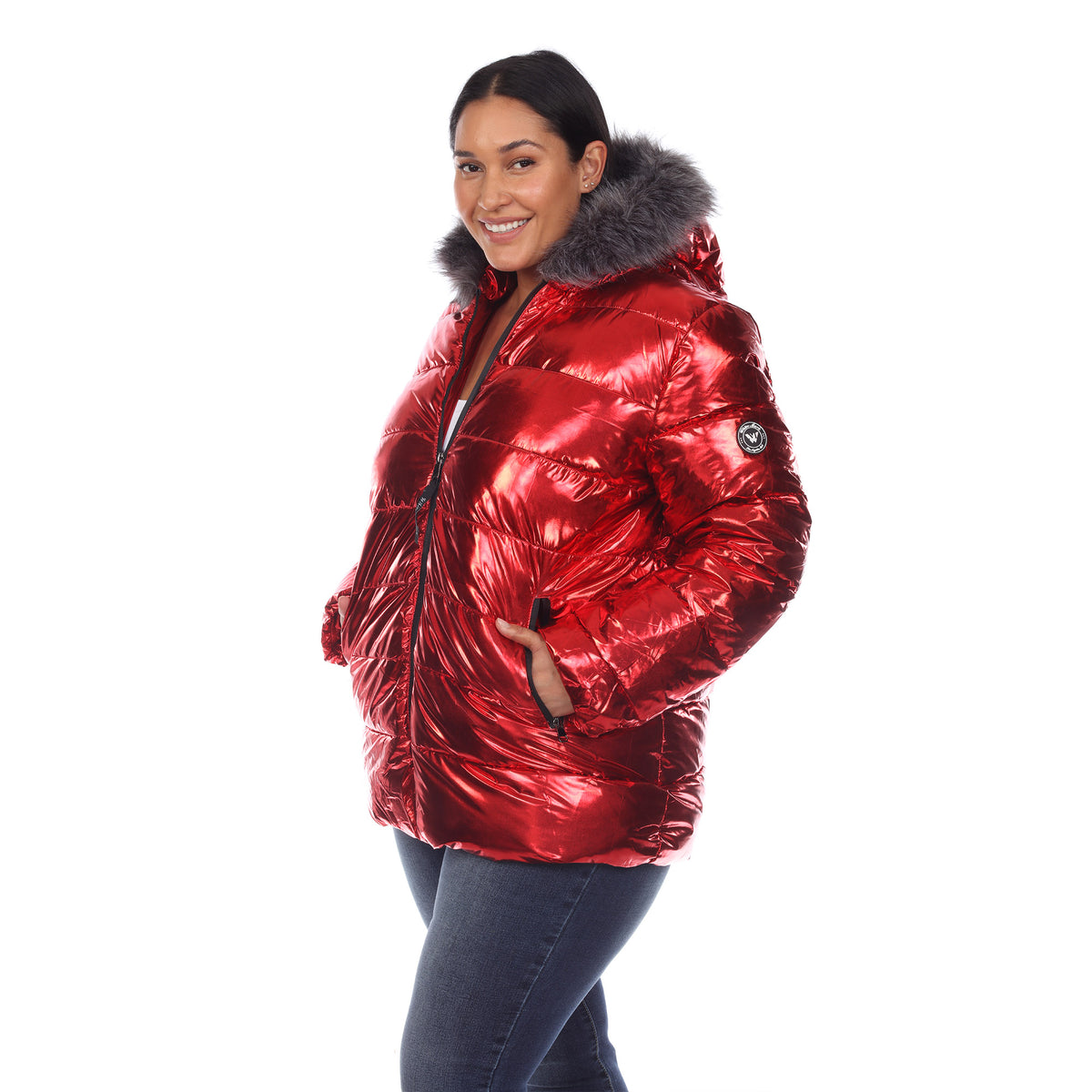 White Mark Women's Metallic Puffer Coat with Hoodie