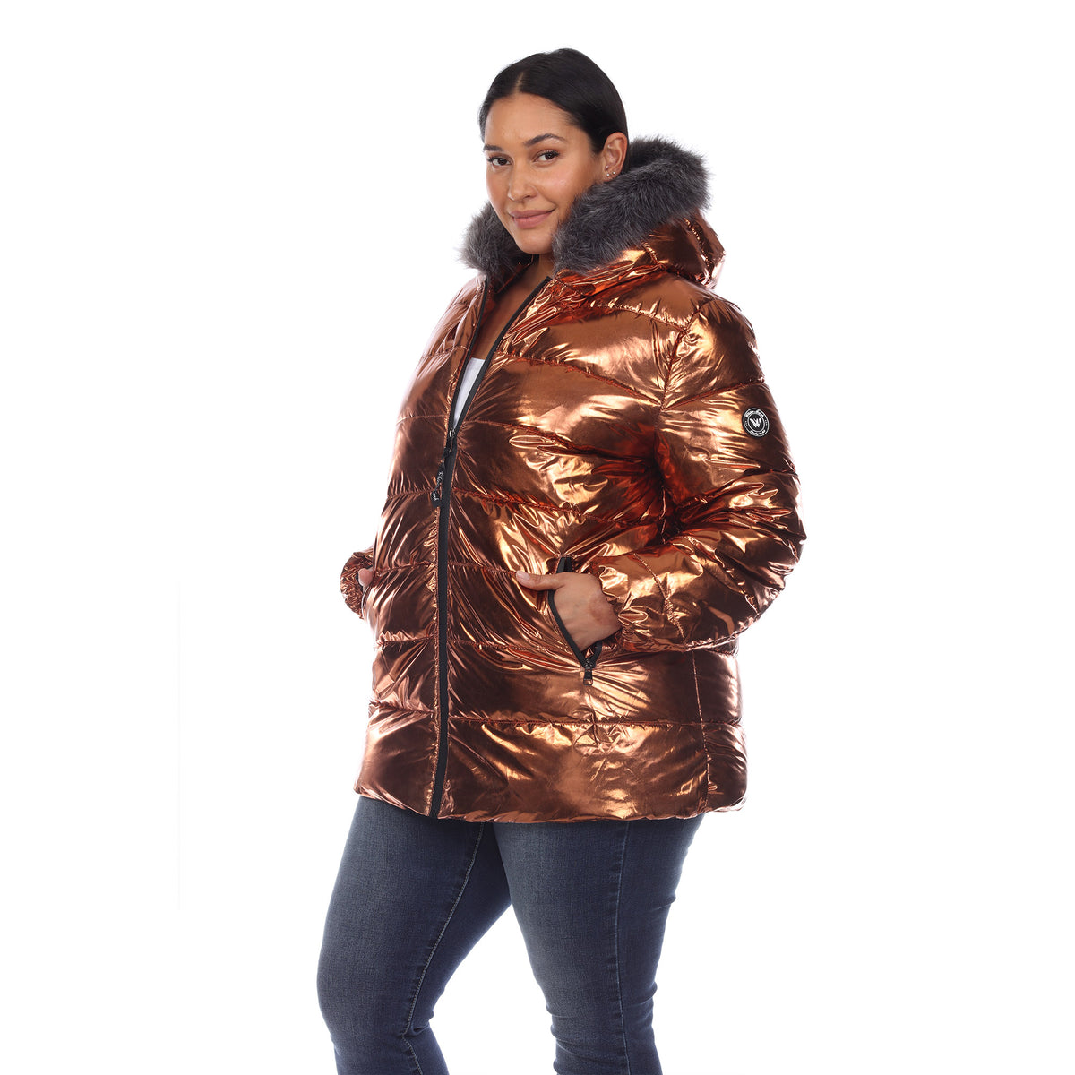 White Mark Women's Metallic Puffer Coat with Hoodie