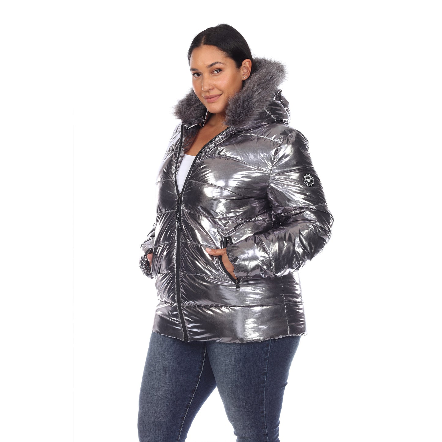 White Mark Women's Metallic Puffer Coat with Hoodie