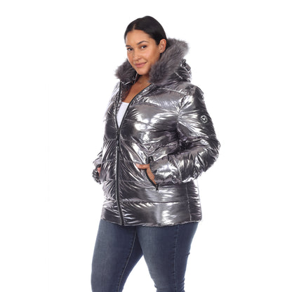 White Mark Women's Metallic Puffer Coat with Hoodie