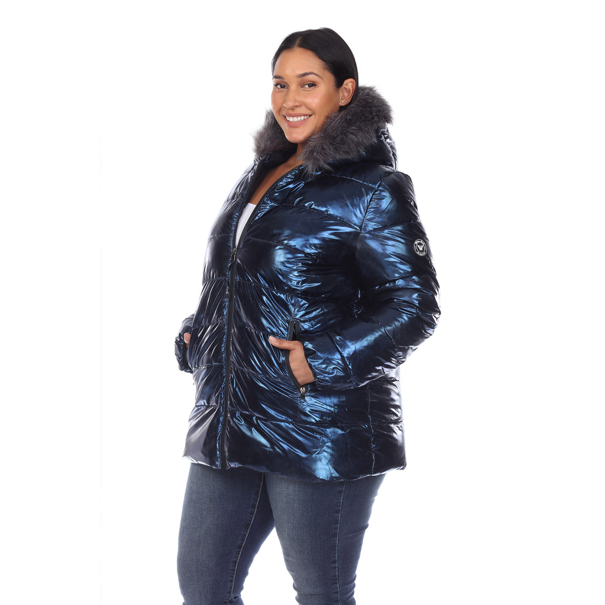 White Mark Women's Metallic Puffer Coat with Hoodie