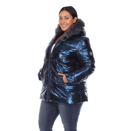 White Mark Women's Metallic Puffer Coat with Hoodie