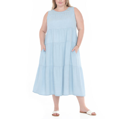 White Mark Women's Sleeveless Tiered Chambray Midi Dress