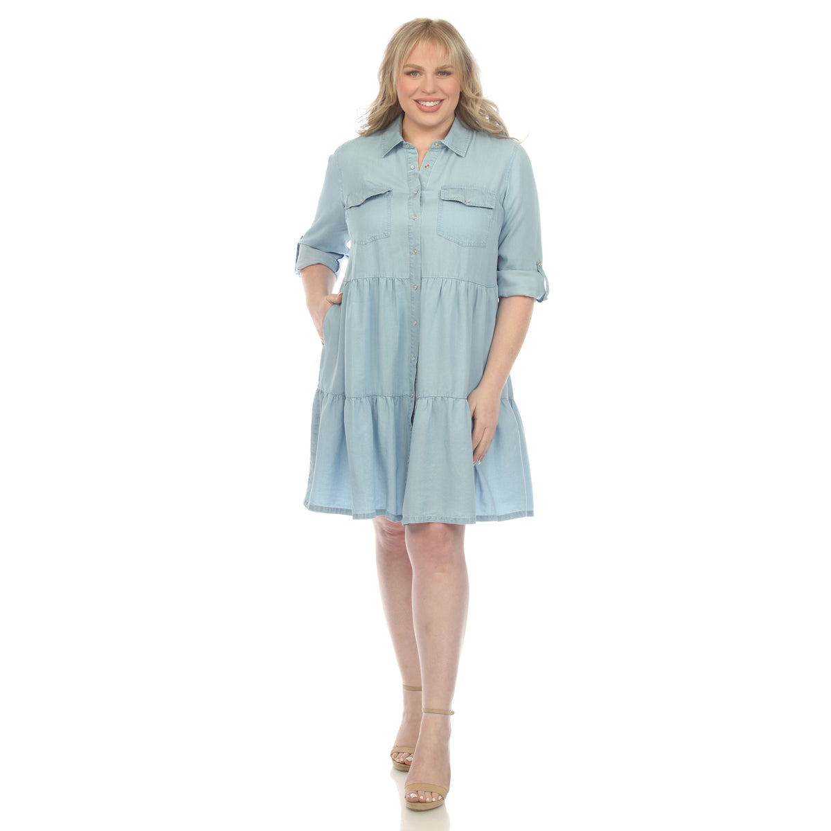 White Mark Women's Long Sleeve Tiered Midi Shirt Dress