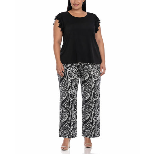White Mark Women's Plus Size Ruffle Sleeve Top & Printed Pant Set