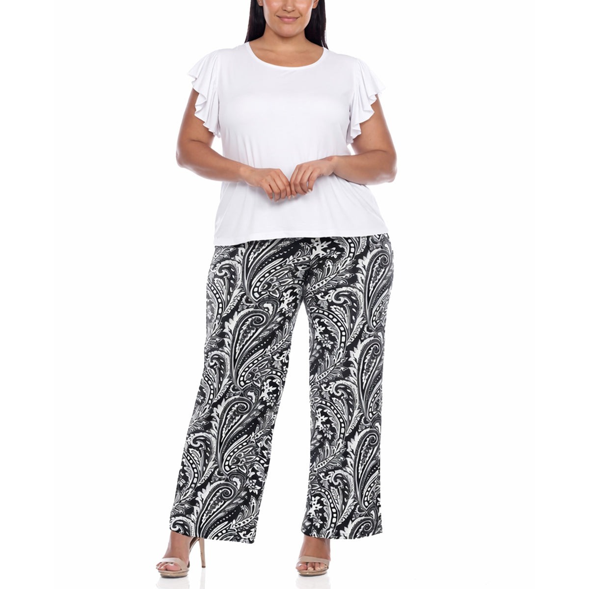White Mark Women's Plus Size Ruffle Sleeve Top & Printed Pant Set