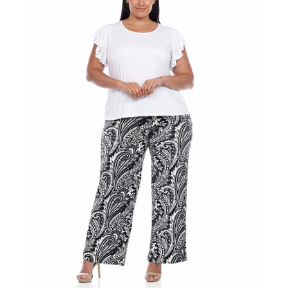 White Mark Women's Plus Size Ruffle Sleeve Top & Printed Pant Set